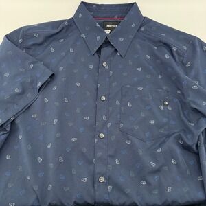 Marmot Hiking Shirt Mens XL Blue Marmot Animal Print Short Sleeve Button Down